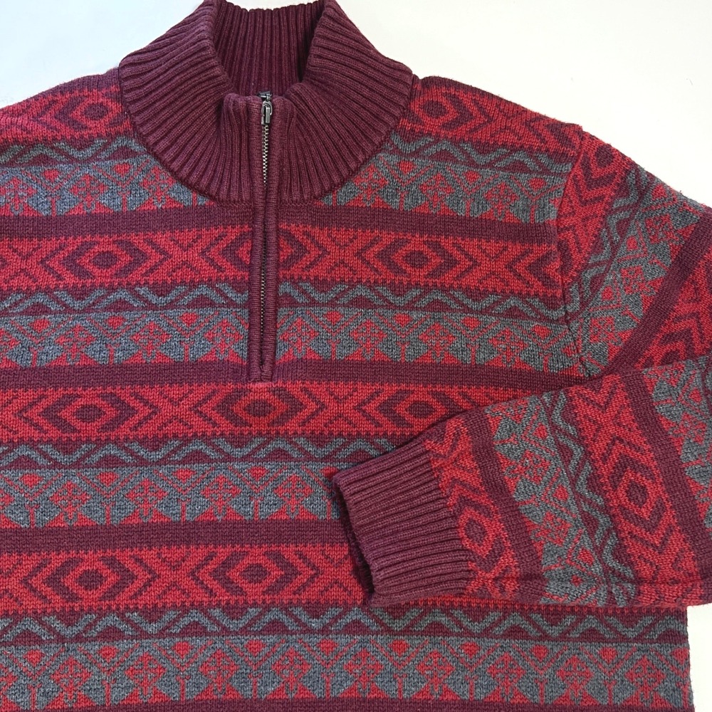 LL Bean Nordic Fair Isle Knit Sweater Mens Large TALL 1/4 Zip Red Gray Holidays
